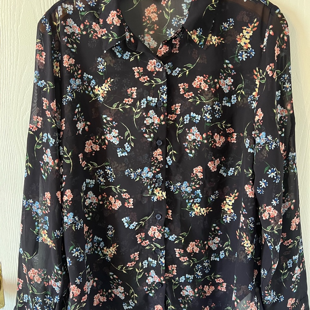 Express The Portofino Shirt Floral Sheer Button-Up Blouse size XLarge